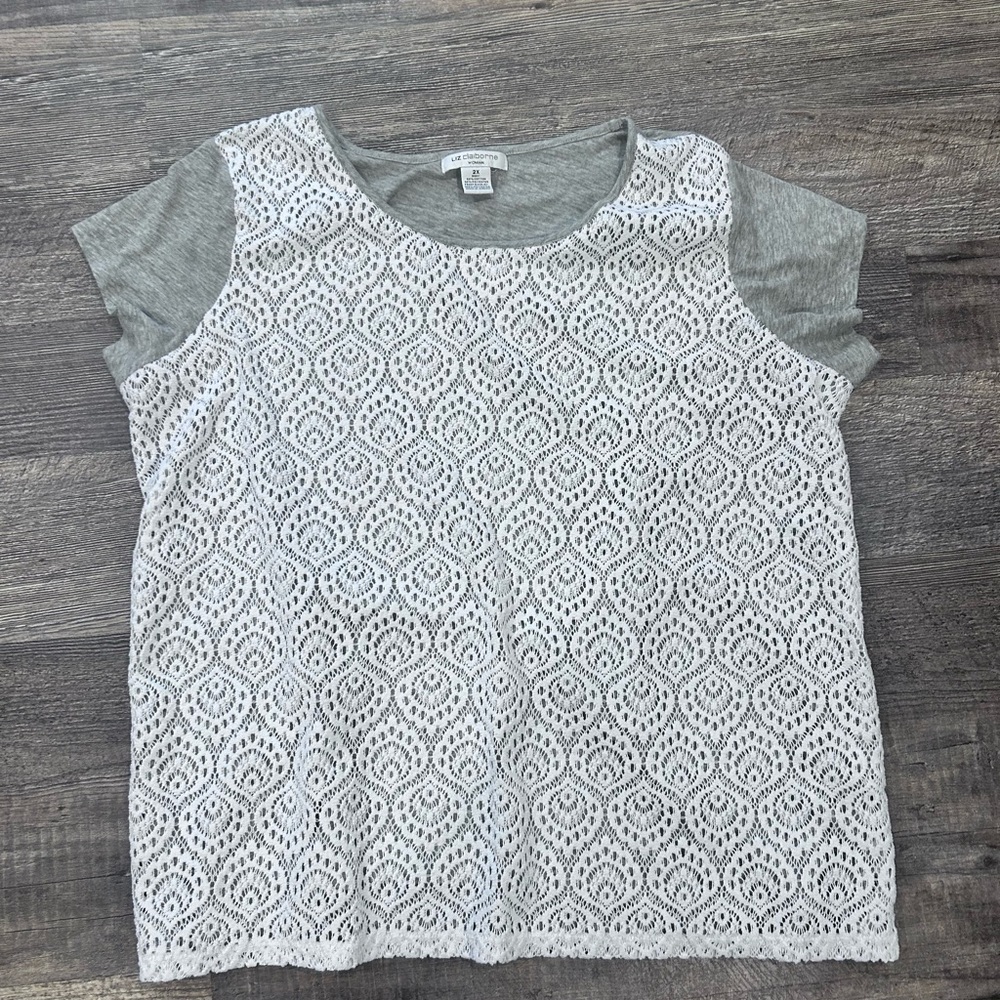 Liz Claiborne Gray Tee with White Lace Overlay